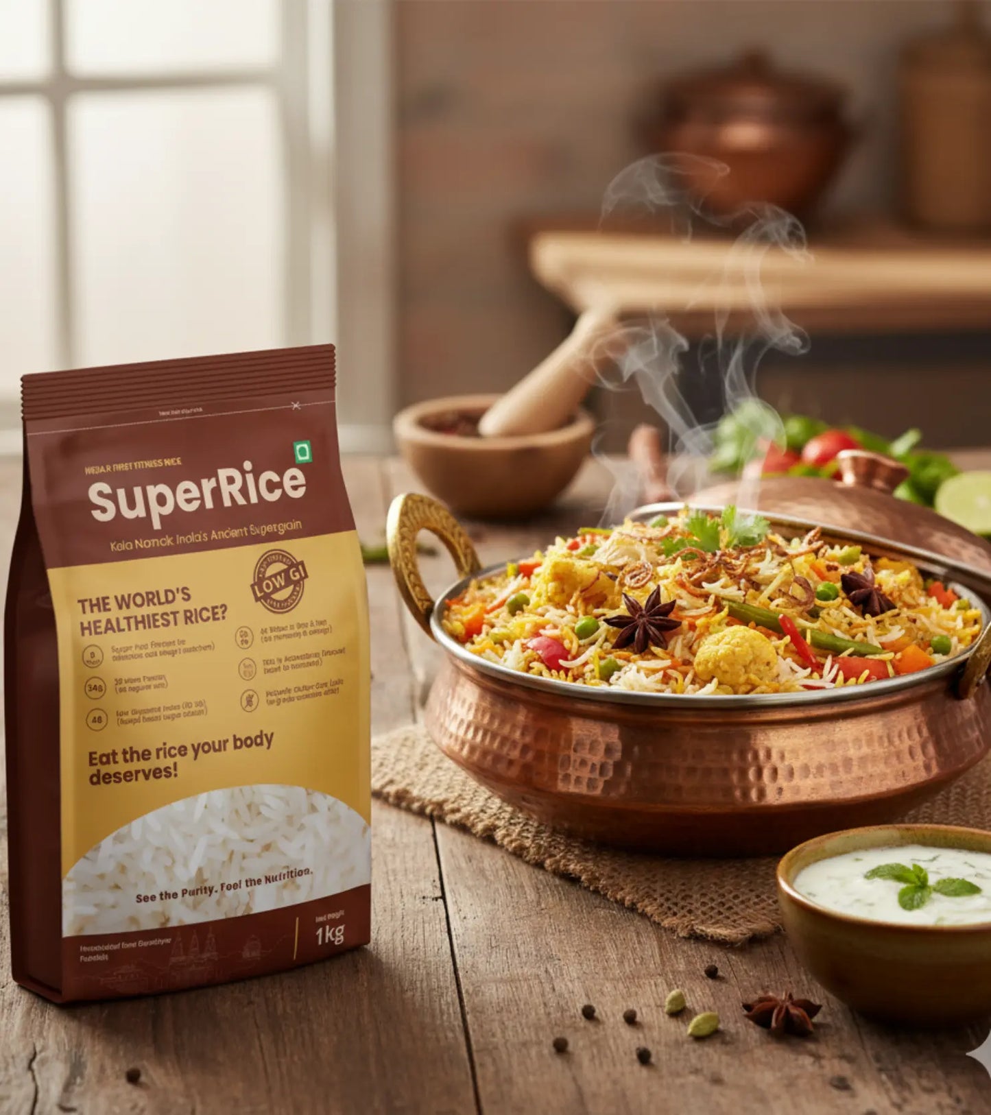 SuperRice package with a bowl of rice dish on a wooden table