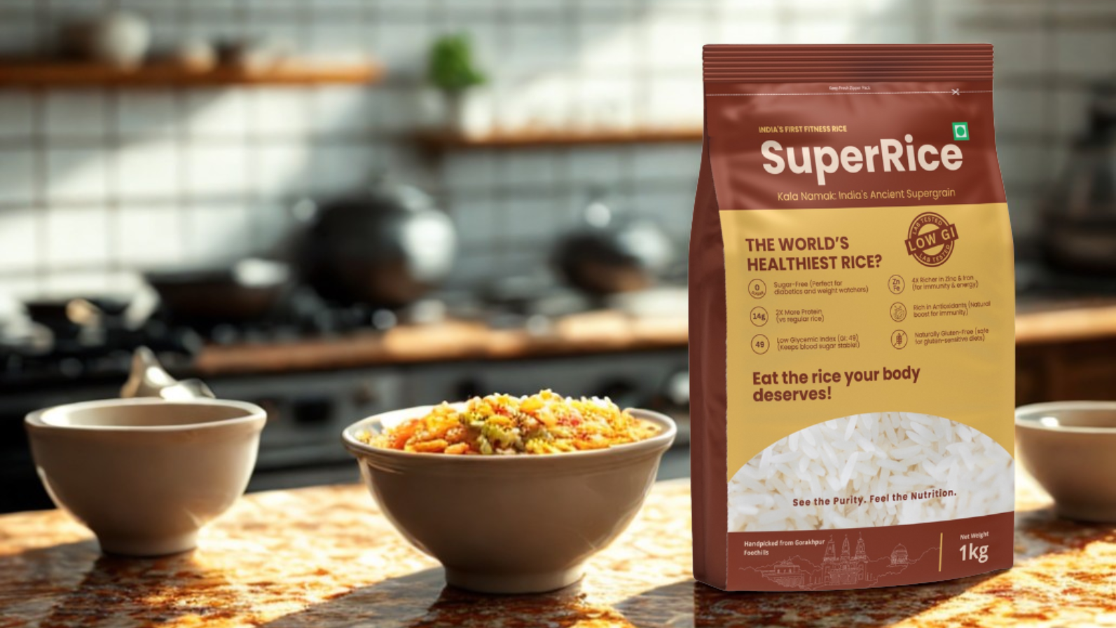 Super Rice packaging with a bowl of rice on a kitchen counter