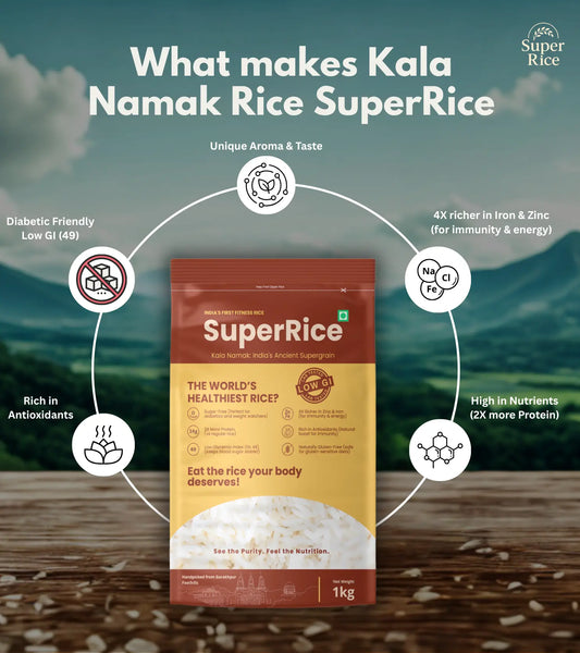 Super Rice packaging with health benefits highlighted on a scenic background