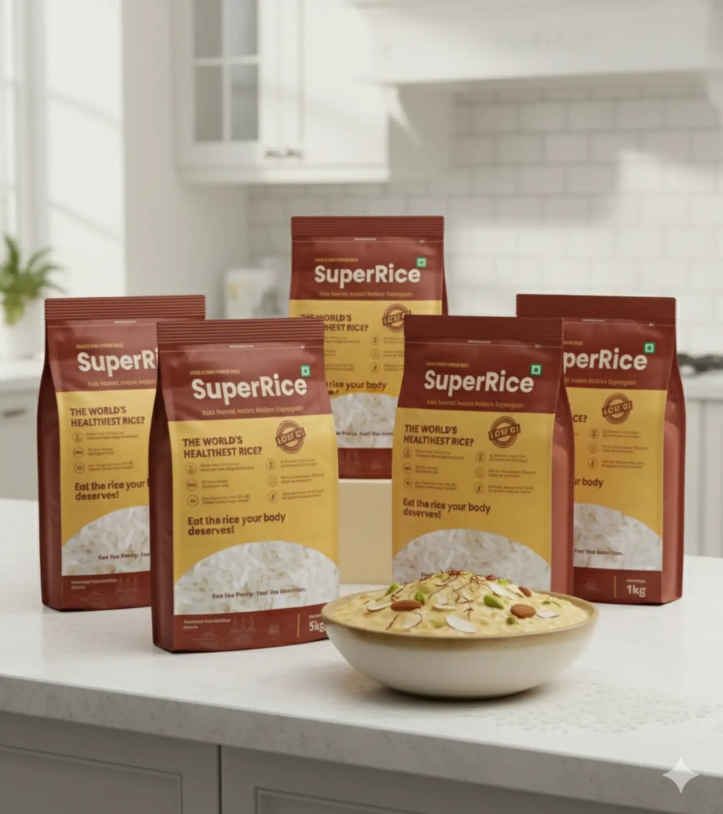 SuperRice packages on a kitchen counter with a bowl of food.