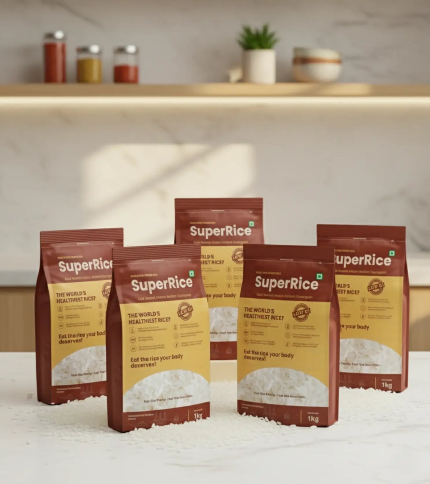 SuperRice packages on a kitchen counter with a neutral background