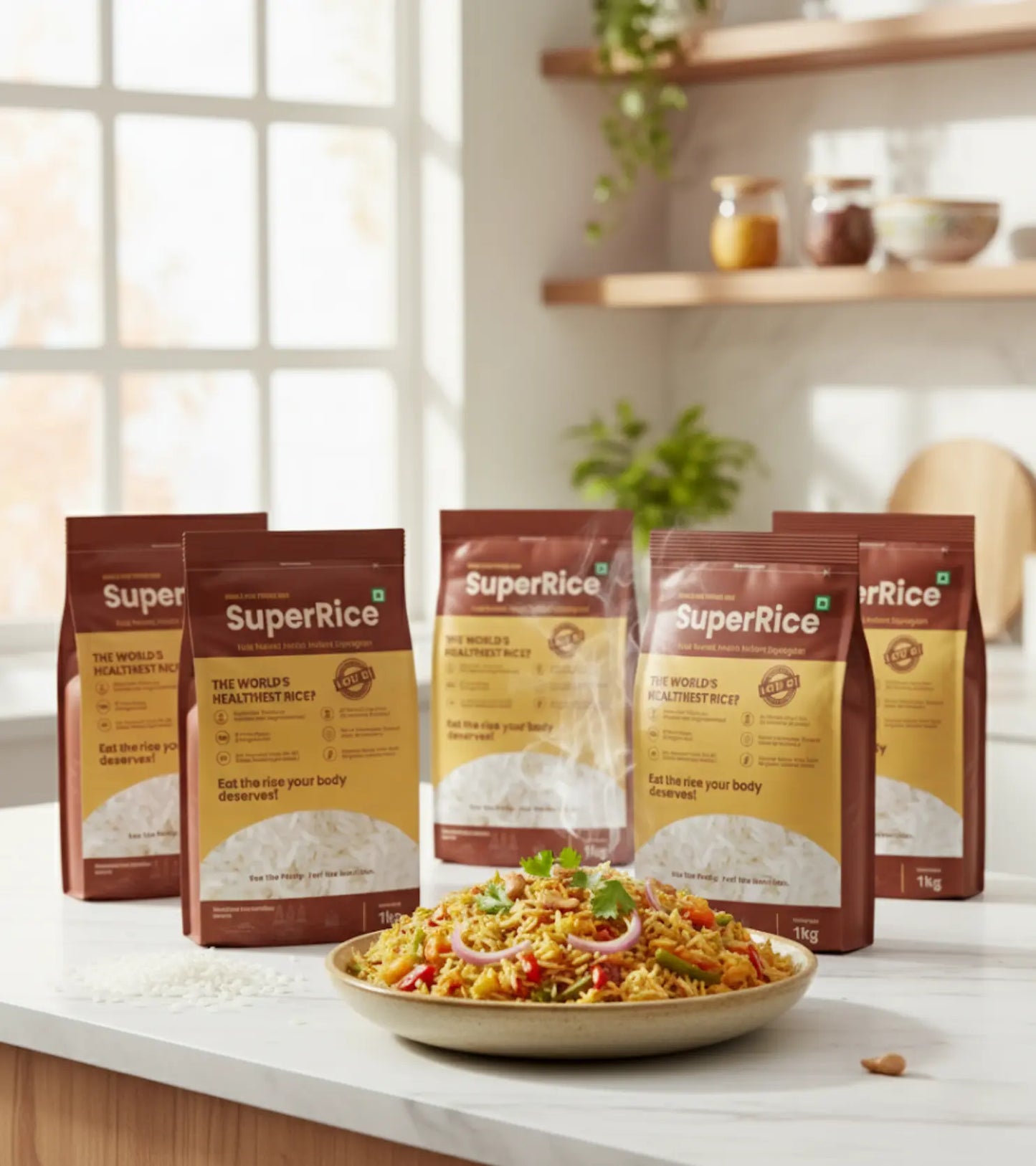 Super Rice packages on a kitchen counter with a bowl of rice dish.