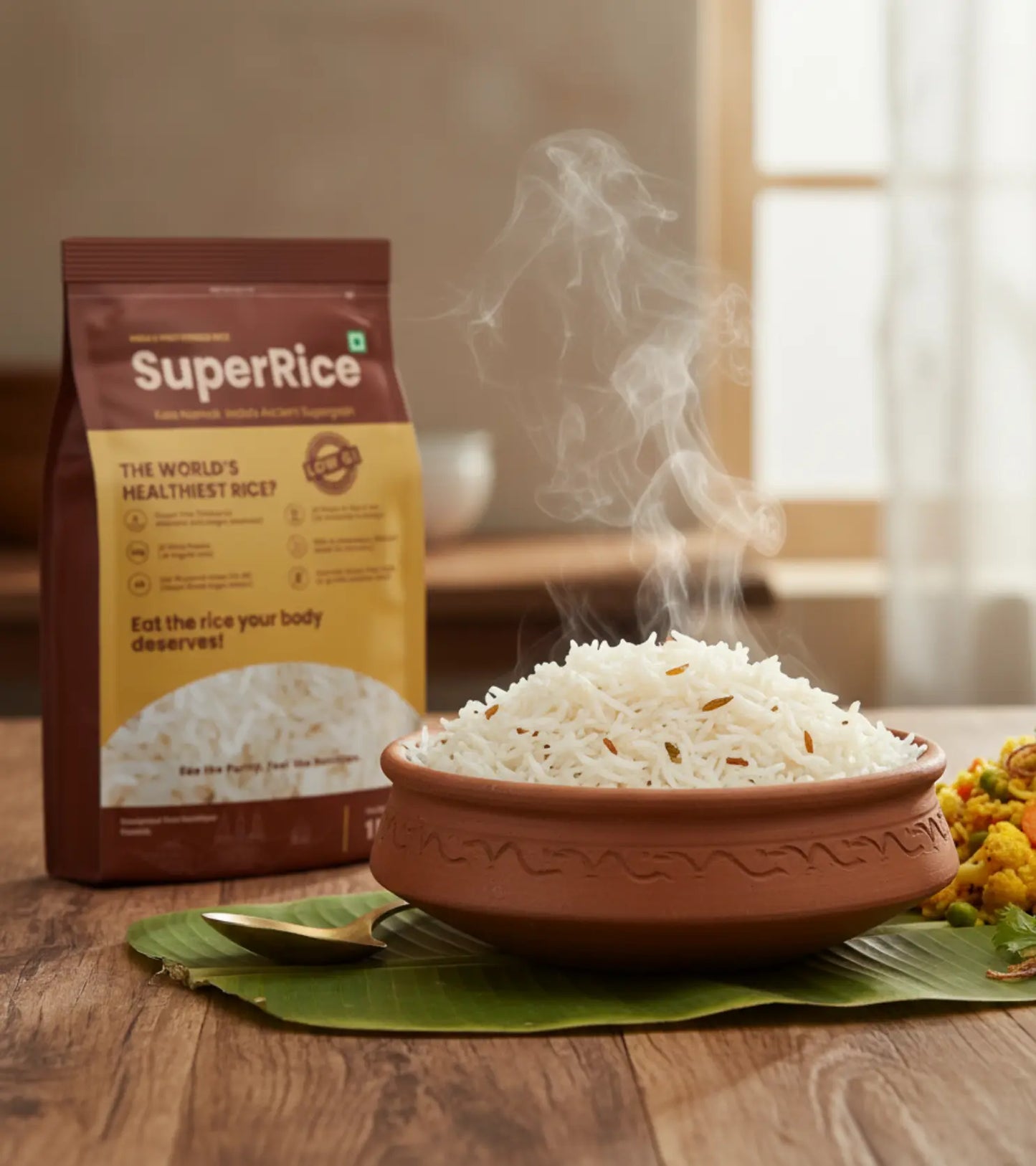 Handi of steaming rice next to a bag of SuperRice on a wooden table.