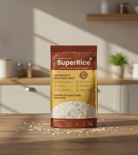Super Rice package on a wooden table with a kitchen background