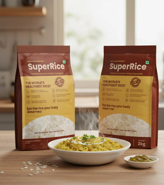 Two packages of SuperRice with a bowl of rice and garnishes on a wooden table.