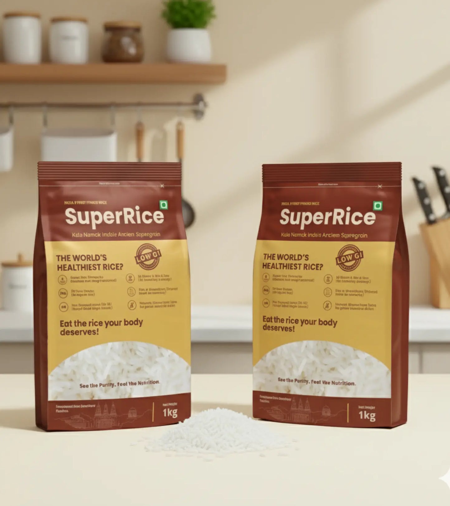 Two packages of Super Rice on a kitchen counter with a blurred background.