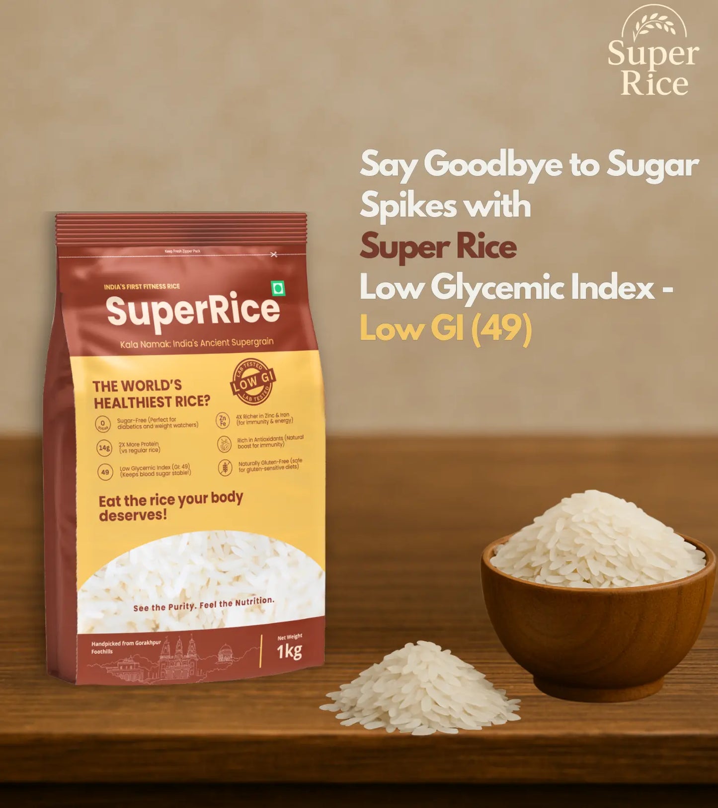 Super Rice packaging with a bowl of rice on a wooden surface, featuring text about low glycemic index.