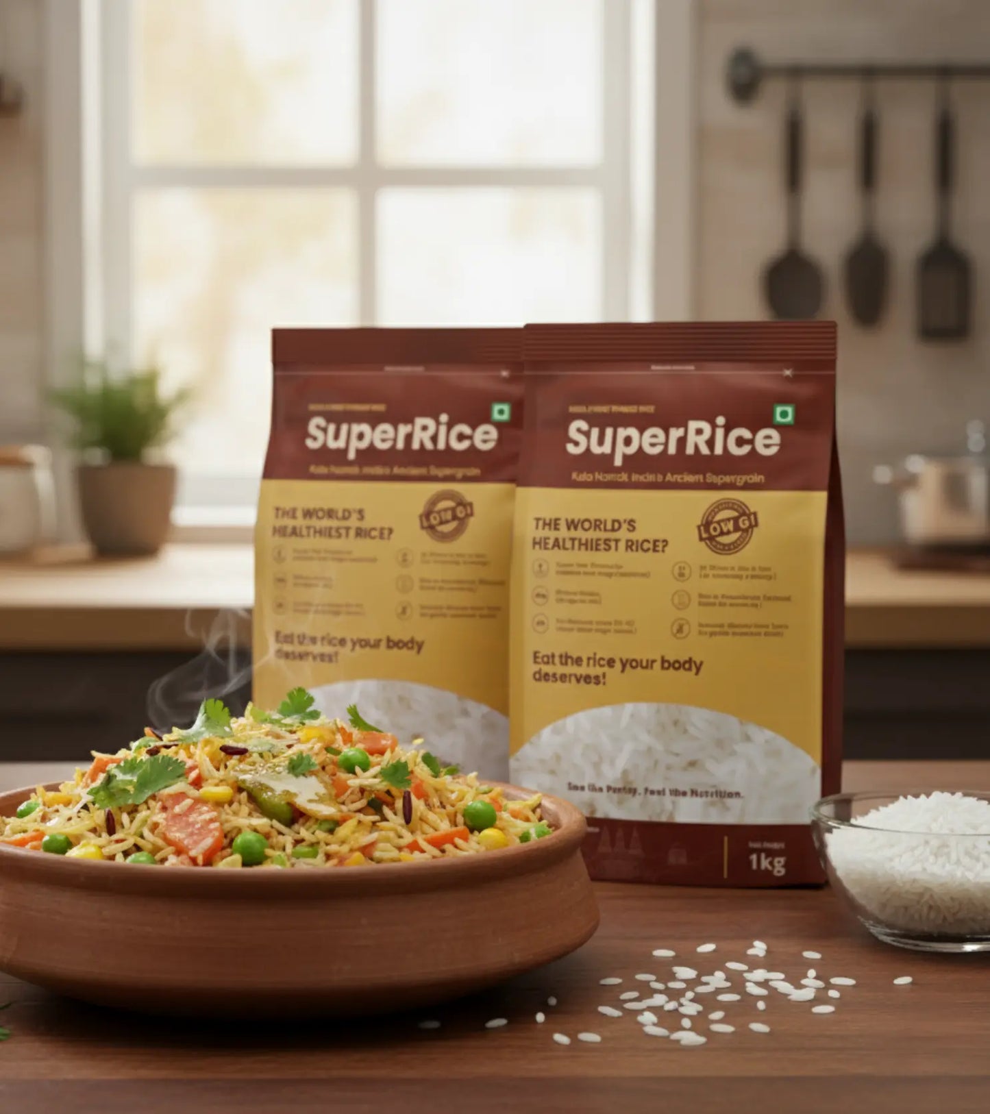 Two packages of SuperRice with a Handi of rice dish on a kitchen counter.
