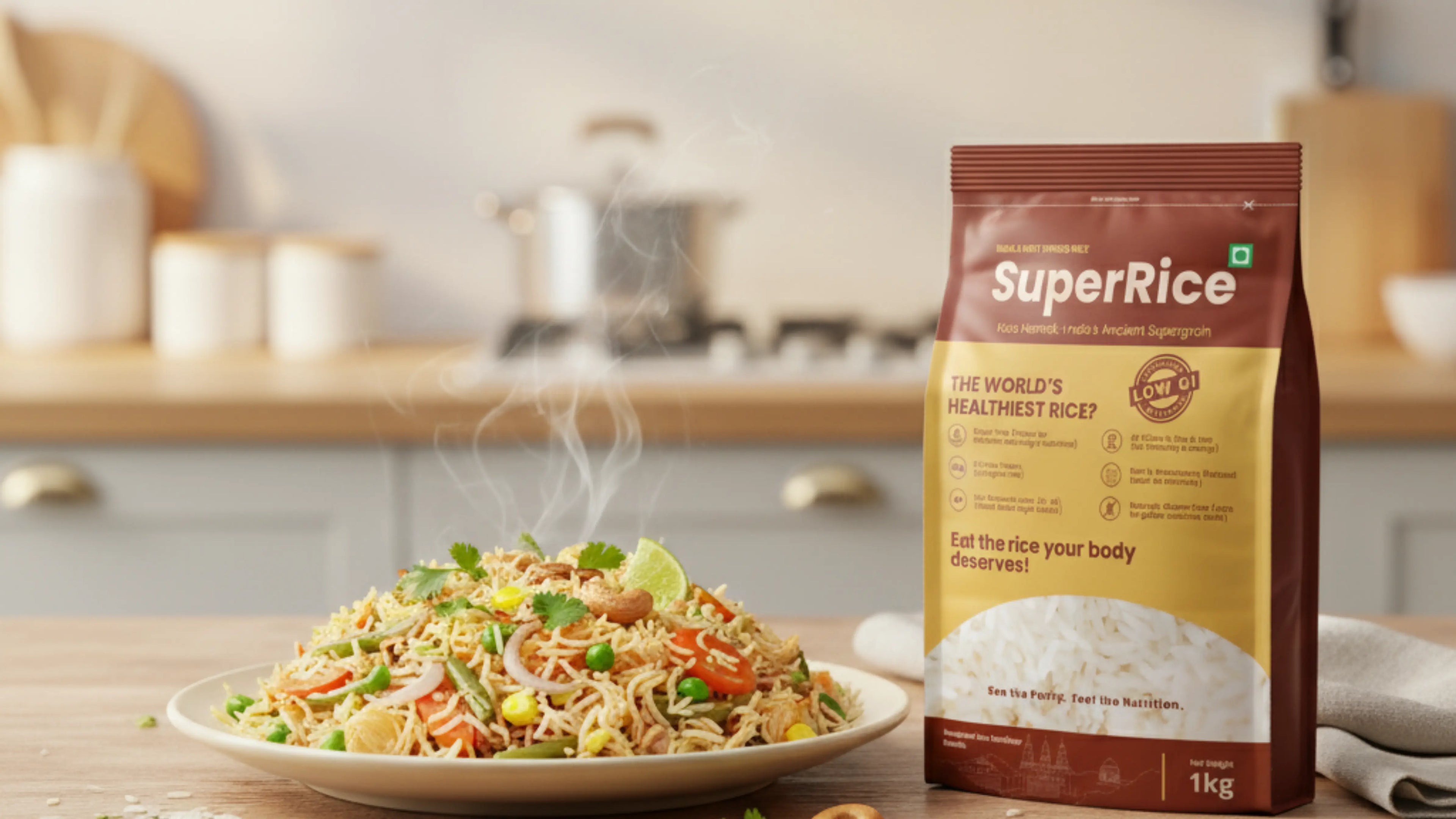 Super Rice package with a plate of noodles in a kitchen setting