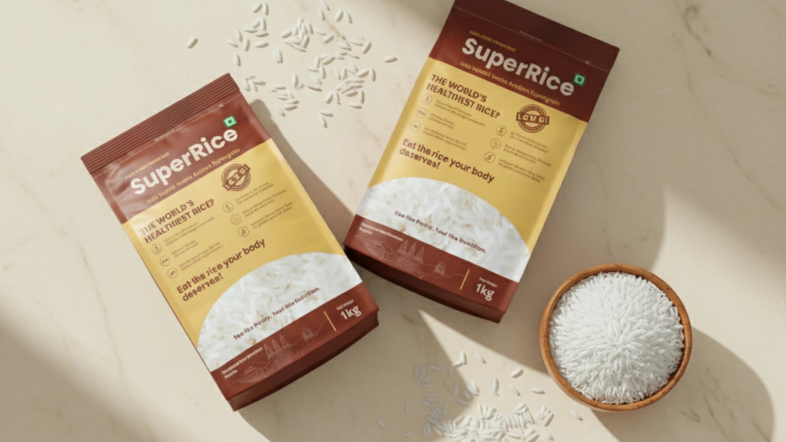 SuperRice packaging with rice in a bowl on a light background