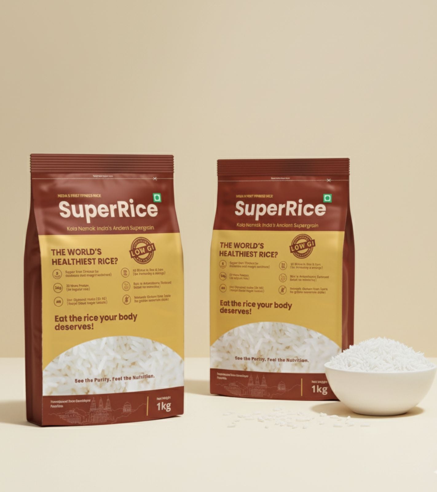 Two packages of Super Rice with a bowl of rice on a beige background