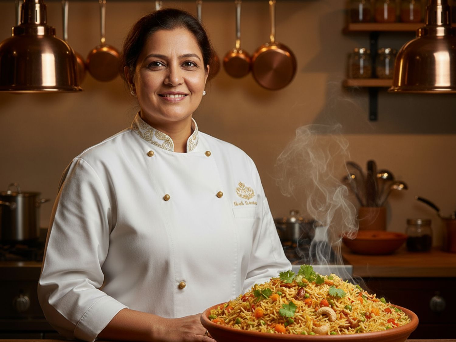 Chef holding a dish of food in a kitchen setting with copper pots hanging.