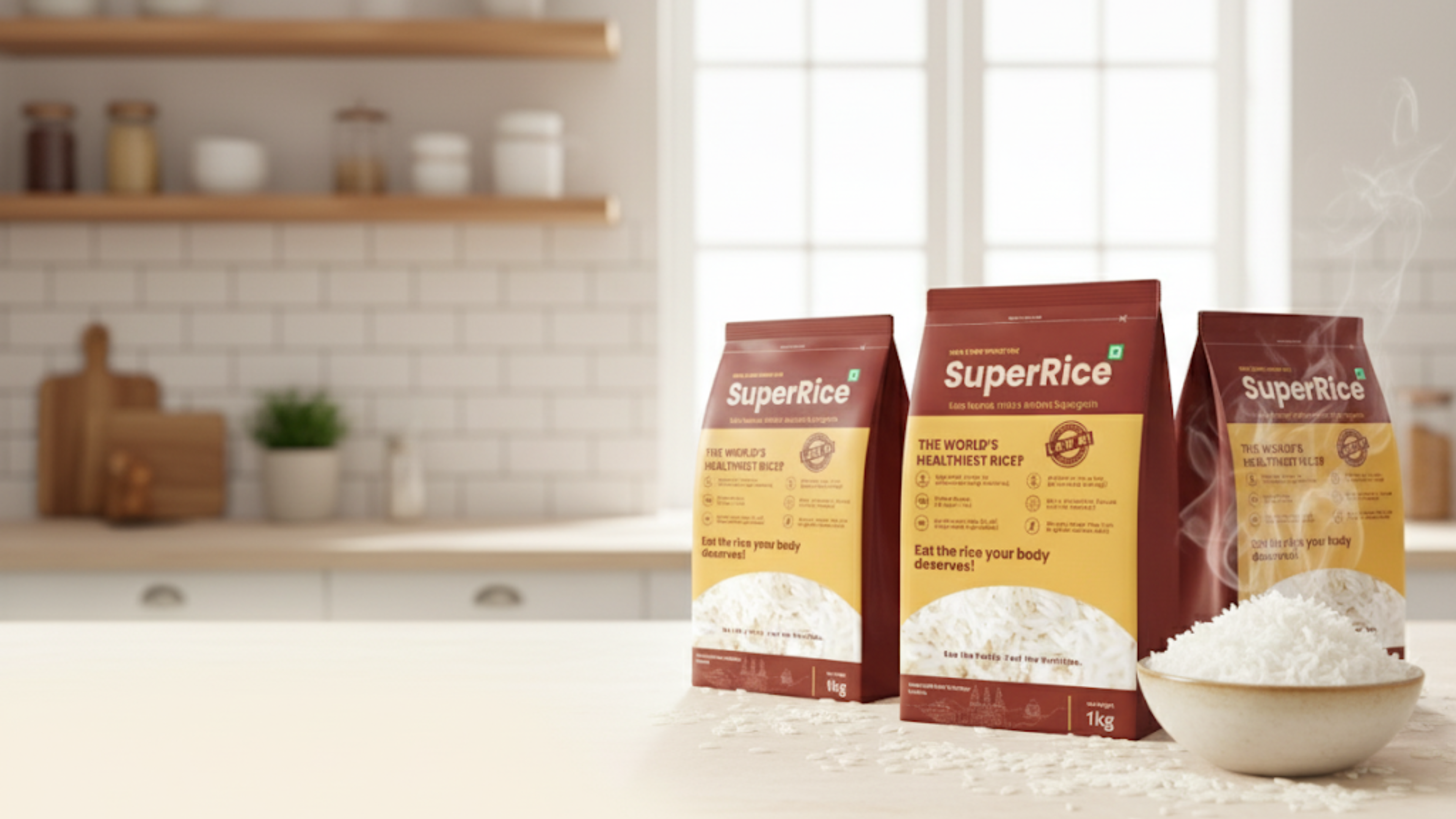 Super Rice packages on a kitchen counter with a blurred background