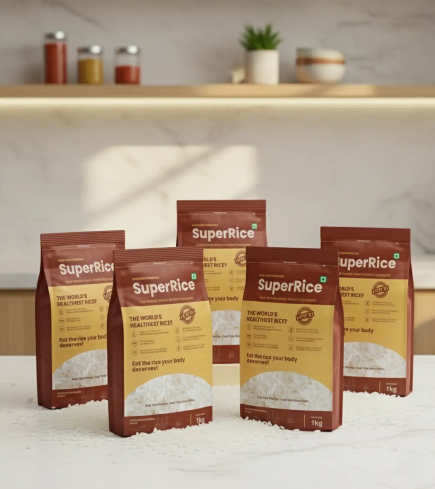 SuperRice packages on a kitchen counter with a neutral background