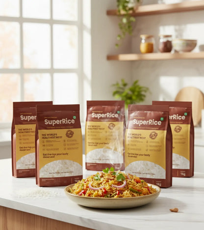 Super Rice packages on a kitchen counter with a bowl of rice dish.