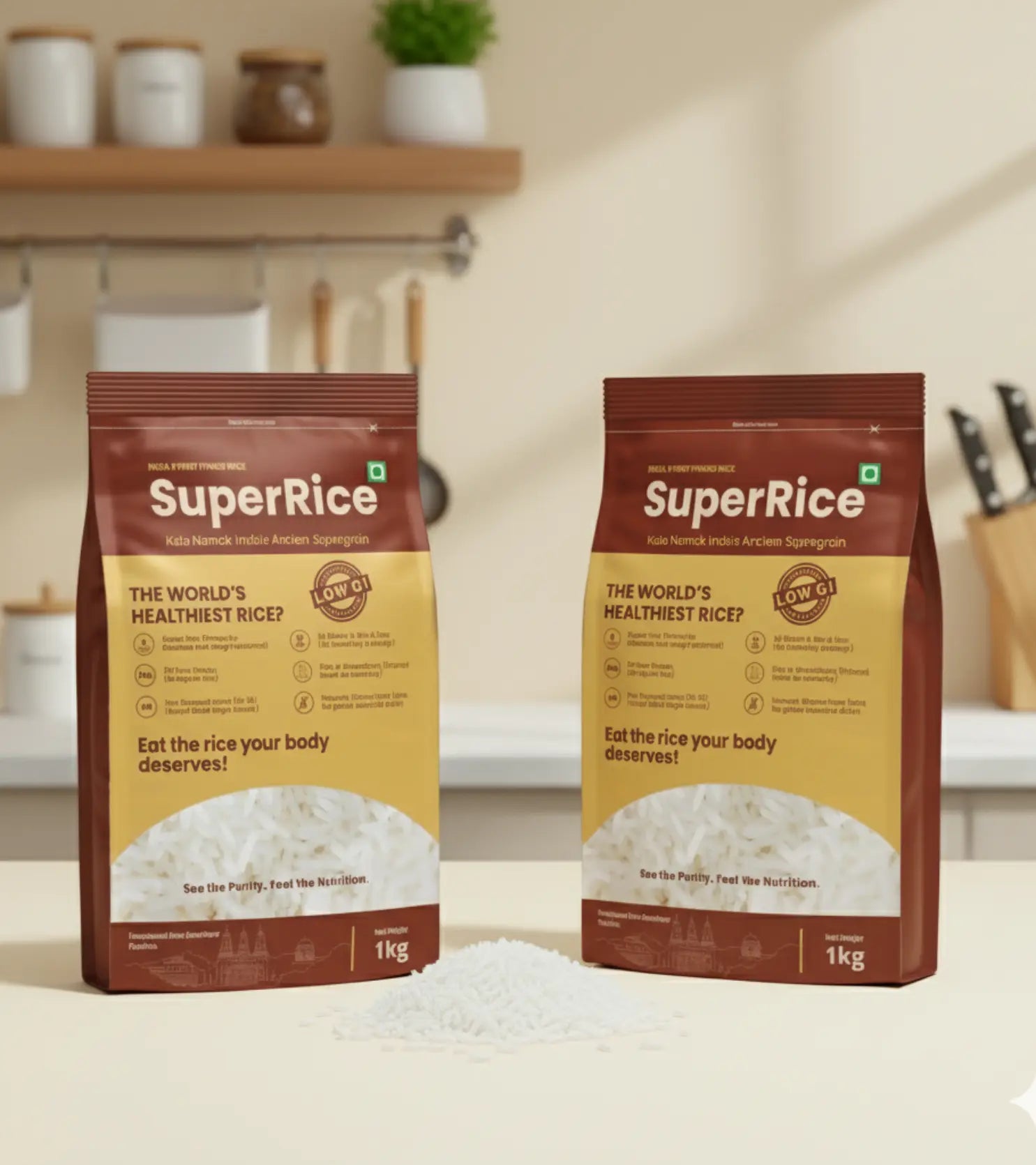 Two packages of Super Rice on a kitchen counter with a blurred background.