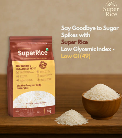 Super Rice packaging with a bowl of rice on a wooden surface, featuring text about low glycemic index.