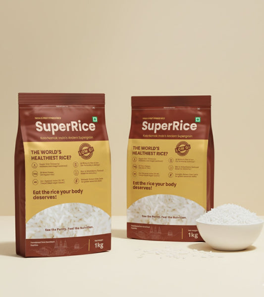 Two packages of Super Rice with a bowl of rice on a beige background
