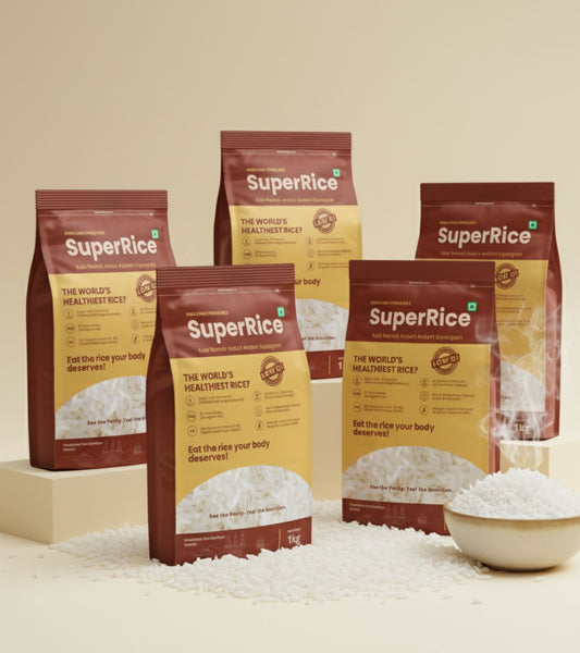 Super Rice packages on a beige background with rice in a bowl.